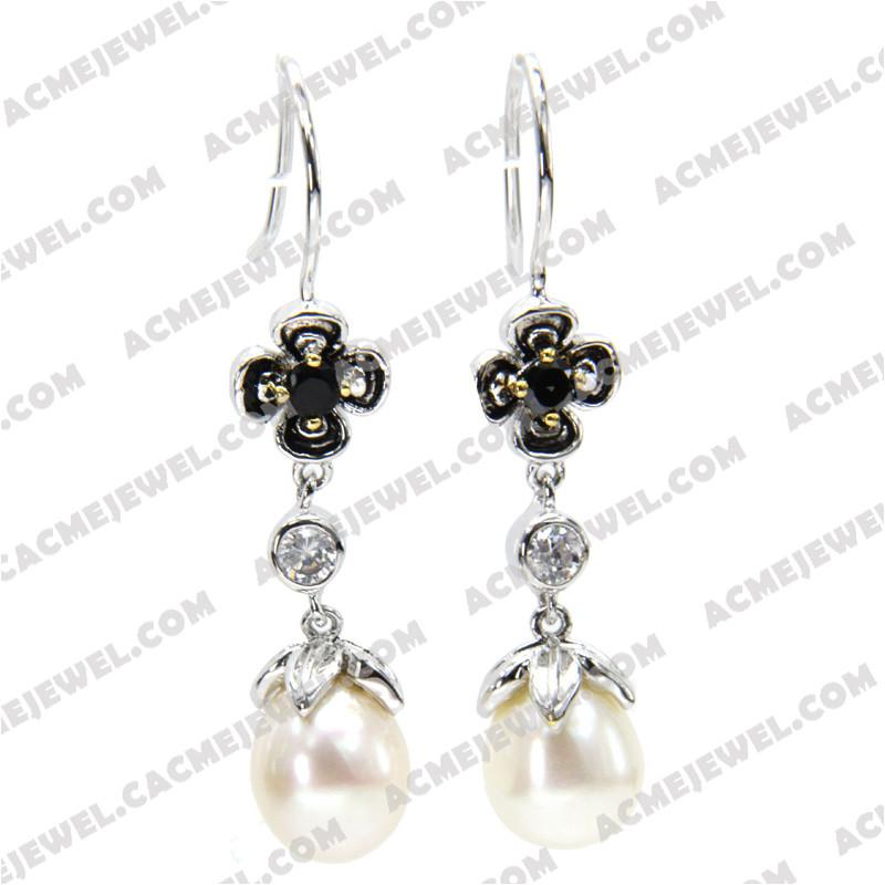 Earrings 925 Sterling Silver 3-tone Rhodium + gold + black smear