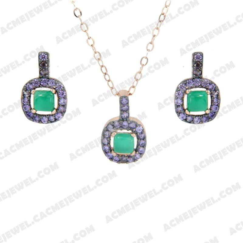 Jewellery Set 925 Sterling Silver 2-tone Rose gold and black rhodium