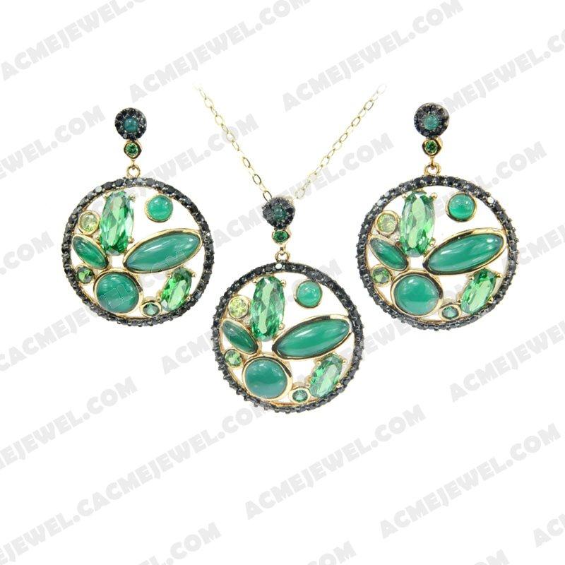 Jewellery Set 925 Sterling Silver 2-tone Gold and black rhodium